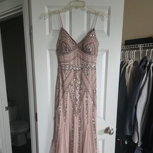 MARINA Rose-Beaded Spaghetti Strap Prom Gown
